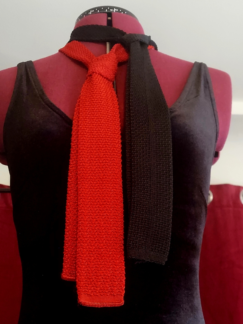 Lot Of 2 Vintage Square Bottom Crochet Neck Ties - Red & Black